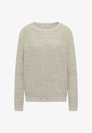 Sweter dzianinowy w jasnozielono-beżowym melanżu z długimi rękawami i okrągłym dekoltem, ściągacze przy mankietach i dole.