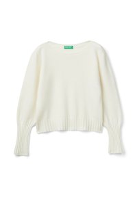 Maglione bianco corto con polsini e orlo a costine, realizzato in morbido materiale. Presenta un collo rotondo e un'etichetta con scritte verdi.