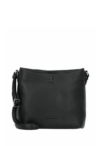 Borsa a tracolla in pelle nera con superficie texturizzata, chiusura superiore con zip e tracolla regolabile. Presenta cuciture sottili e un logo.