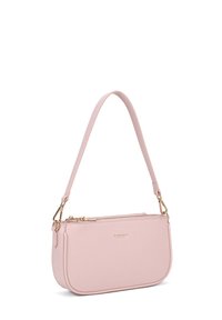 Borsa a mano in pelle rosa con una superficie liscia, forma arrotondata e hardware in tono oro. Presenta una sola tracolla e chiusura con zip.