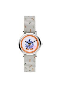 Runde Uhr mit einem silbernen Metallgehäuse, weißem Zifferblatt, orangefarbenen Akzenten und einem gemusterten grauen Stoffarmband mit bunten Sprenkeln.
