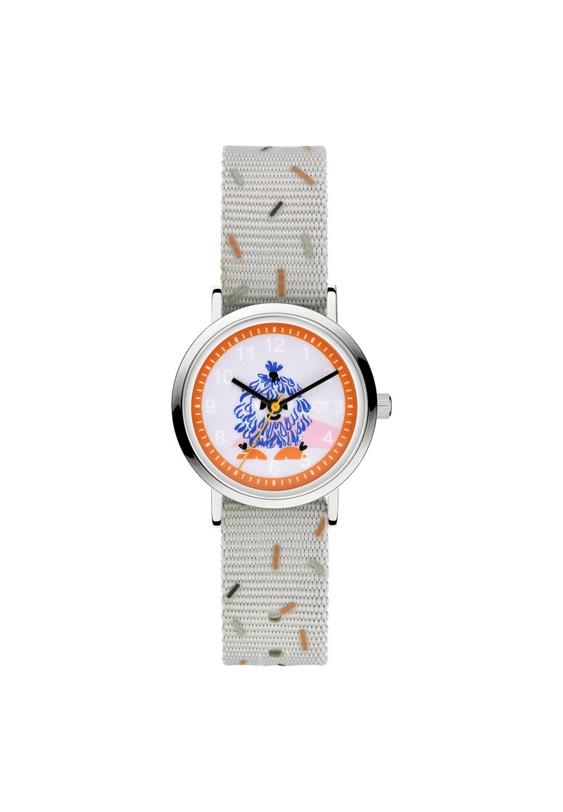 Runde Uhr mit einem silbernen Metallgehäuse, weißem Zifferblatt, orangefarbenen Akzenten und einem gemusterten grauen Stoffarmband mit bunten Sprenkeln.