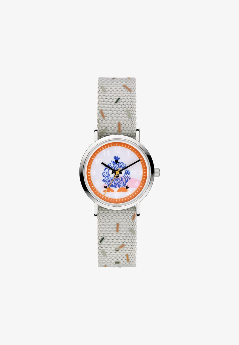 Runde Uhr mit einem silbernen Metallgehäuse, weißem Zifferblatt, orangefarbenen Akzenten und einem gemusterten grauen Stoffarmband mit bunten Sprenkeln.