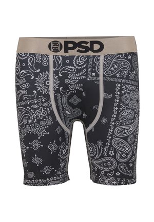 Sort-hvite boxershorts med paisleymønster og beige midjebånd med svart PSD-logo.