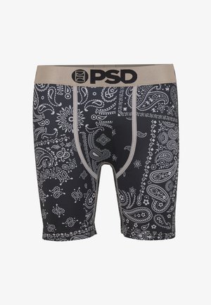 Sort-hvite boxershorts med paisleymønster og beige midjebånd med svart PSD-logo.