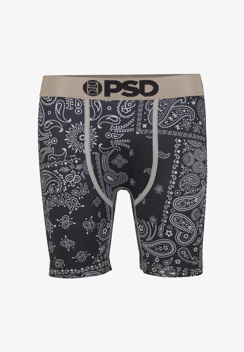 Boxer noir et blanc à motif paisley avec une ceinture beige portant le logo PSD en noir.