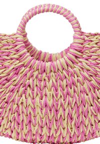 Borsa intrecciata con manici tondeggianti, caratterizzata da una combinazione di colori rosa e crema. Materiale di paglia testurizzato con un motivo a treccia.