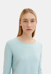 Light blue knitted top with a scoop neckline, long sleeves, and textured fabric. Simple design, no visible patterns or embellishments.
