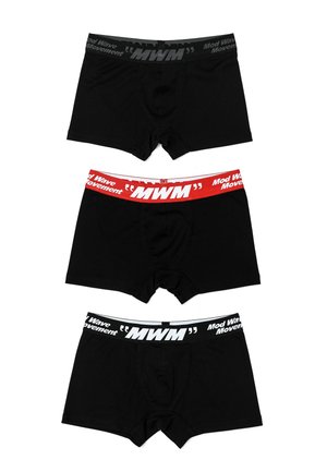 Tres pares de calzoncillos bóxer negros de hombre con cinturillas elásticas, con los textos "MWM" y "Mod Wave Movement" en colores negro, rojo y blanco.
