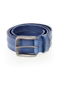 Blauer Leder Gürtel mit glatter Textur, ausgestattet mit einer silbernen Metall-Schnalle und gestickten Kanten. Doppellagig für zusätzliche Haltbarkeit.