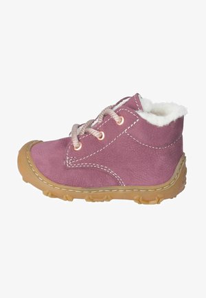 Purple leather ankle boot with fuzzy lining, rubber sole, and contrasting stitching. Features beige laces and textured accents on the sole.