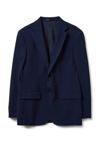 Blazer da uomo blu navy con due tasche a patta frontali, due bottoni e rever a punta, mostrato su uno sfondo bianco.