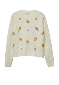 Pull de couleur crème avec un col rond, orné de fleurs brodées en bleu, jaune et rose. Texture avec de petits points en relief sur toute la surface.