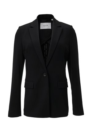 Black blazer made from smooth fabric, featuring a single button closure, notched lapels, and two front pockets. Simple and tailored design.