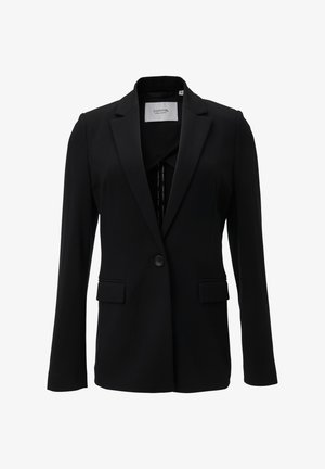 Schwarzer Blazer aus glattem Stoff, mit einem Ein-Knopf-Verschluss, Reverskragen und zwei Fronttaschen. Einfaches und maßgeschneidertes Design.