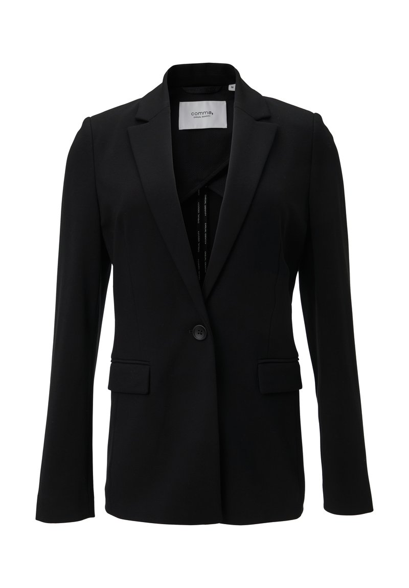 Schwarzer Blazer aus glattem Stoff, mit einem Ein-Knopf-Verschluss, Reverskragen und zwei Fronttaschen. Einfaches und maßgeschneidertes Design.