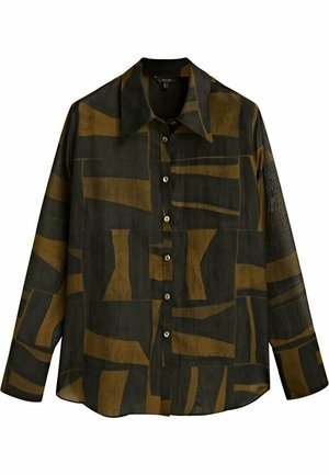 Skjorte med lange ærmer og knapper med en bred krave, med abstrakt brunt og mørke olivengrønt geometrisk mønster.