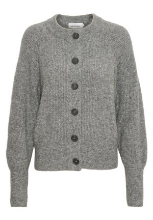 Cardigan grigio a maglia con scollatura rotonda, chiusura frontale con sei bottoni scuri e polsini a coste; il tessuto testurizzato offre calore.