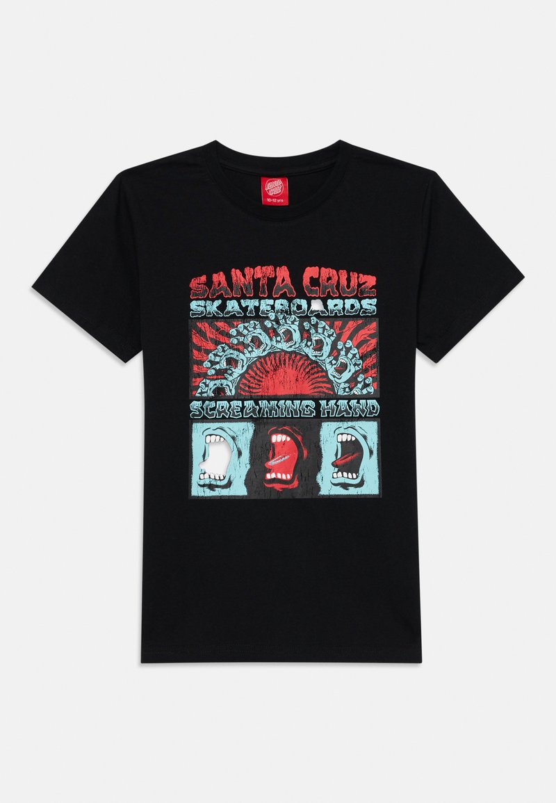 T-shirt de algodão preto com uma impressão gráfica colorida de rostos a gritar e o texto "Santa Cruz Skateboards" em vermelho e azul.