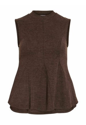 Haut marron sans manches, cintré, avec un col rond haut et un ourlet légèrement évasé, fabriqué en tissu texturé.