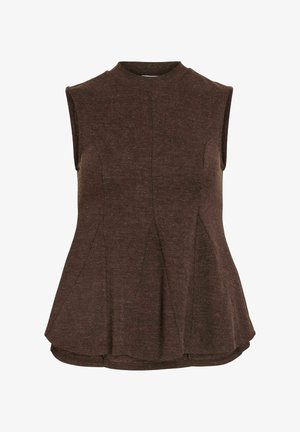 Top marrón sin mangas, ajustado, con escote redondo alto y dobladillo ligeramente acampanado, hecho de tela con textura.
