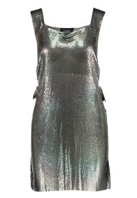 Robe argentée métallique avec un décolleté carré, des bretelles fines et une texture scintillante de paillettes, accompagnée de liens sur les côtés et d'une coupe ample.