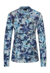 Langärmlige Bluse mit einem blauen Blumenmuster und lila sowie dunklen Akzenten. Hergestellt aus leichtem Stoff mit glatter Textur.