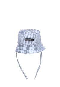 Pasiasty niebiesko-biały bawełniany kapelusz typu bucket z zaokrągloną koroną, szerokim rondem i regulowanymi paskami. Posiada czarną naszywkę z logo.