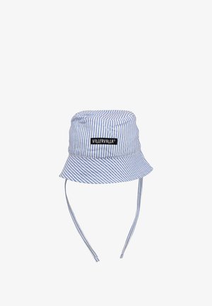Striped blue and white cotton bucket hat with a rounded crown, a wide brim, and adjustable straps. Features a black logo patch.