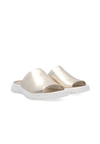 Metallic guld slide-sandaler med åben tå, der har en glat finish, polstret indersål og hvid gummi ydersål med tekstureret greb.