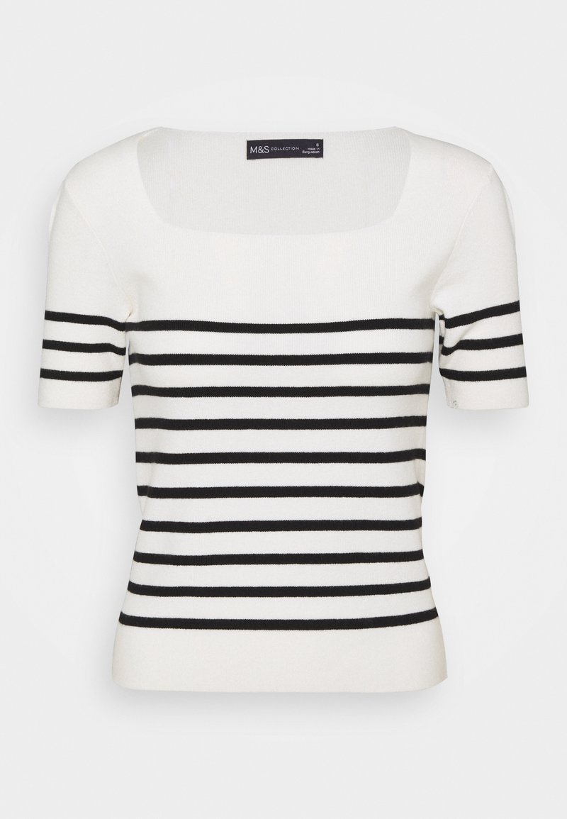 Gestreiftes kurzärmeliges Oberteil in Weiß und Schwarz, mit quadratischem Ausschnitt und figurbetontem Schnitt, aus weichem Strickmaterial gefertigt.