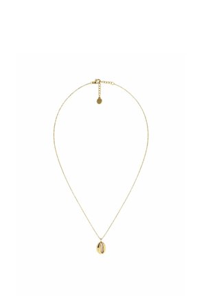 Delikat guldkæde med en lille, oval vedhæng, der ligner en cowrie-skal og justerbar lås.