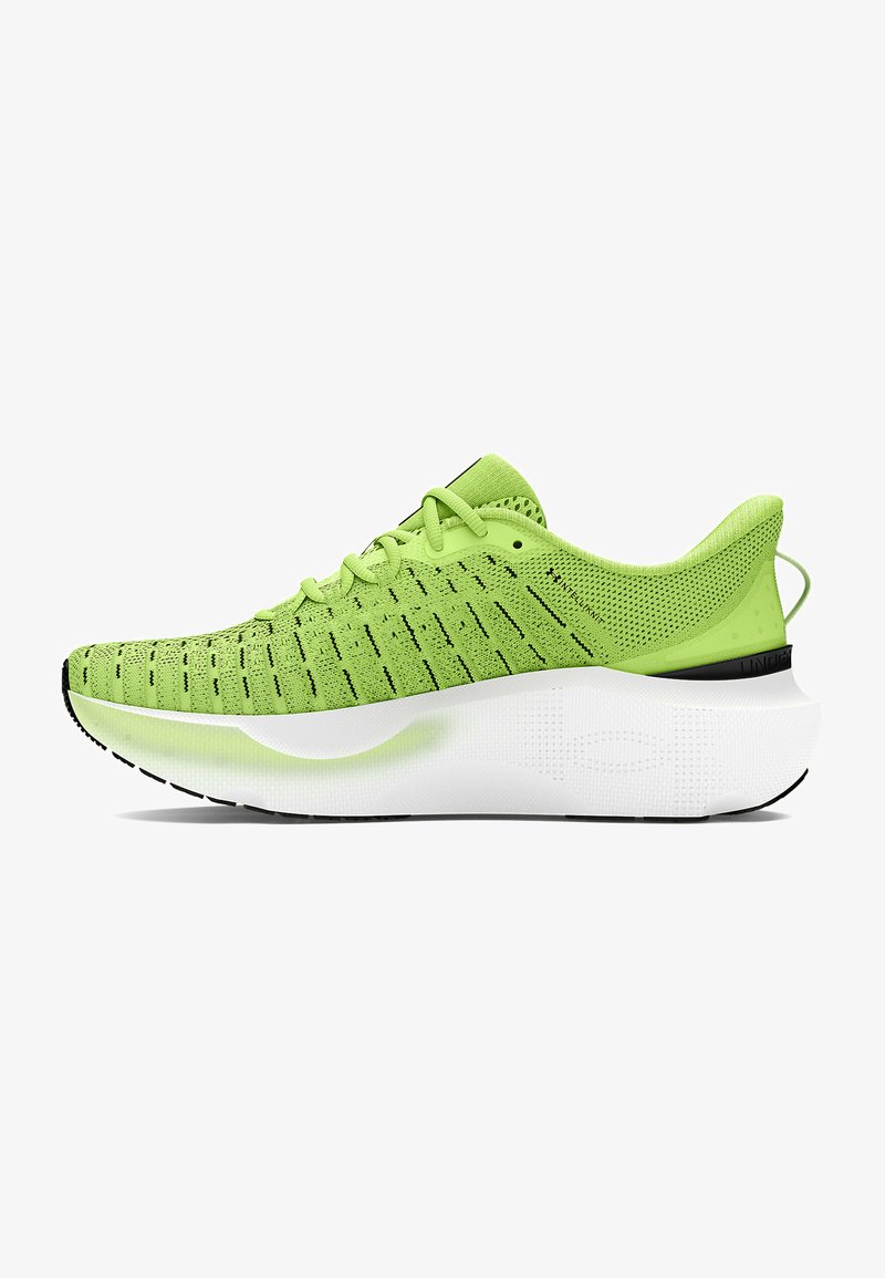 Green knitted athletic shoe with a white midsole, black rubber outsole, and textured upper featuring horizontal lines. Adjustable laces included.
