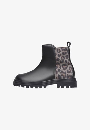 Black leather ankle boot with thick sole and leopard print fabric panel on the back, featuring a pull tab at the heel.