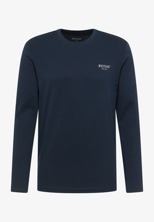 Tumesinist värvi pikka varrukatega puuvillast T-särk, millel on ümara kaelusega ja väike valge "MUSTANG" logo rinnal.