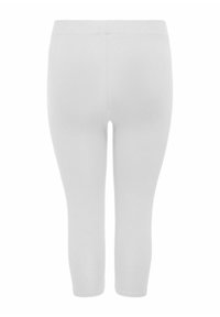 Weiße, dehnbare Leggings mit einem elastischen Bund, die eine glatte Textur und ein knielanges Design haben, geeignet für Sportbekleidung.