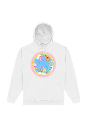 Felpa bianca con cappuccio caratterizzata da una grafica rotonda su uno sfondo di cielo blu, animali cartoni colorati e dettagli arcobaleno. Tessuto morbido con tasca frontale.