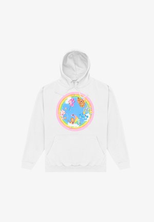 Felpa bianca con cappuccio caratterizzata da una grafica rotonda su uno sfondo di cielo blu, animali cartoni colorati e dettagli arcobaleno. Tessuto morbido con tasca frontale.