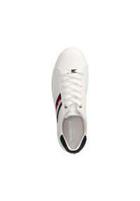 White sneaker with a smooth leather upper, featuring red and navy stripes along the side, traditional lace closure, and a memory foam insole.