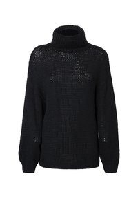 Schwarzer Strickpullover mit hohem, geripptem Rollkragen, lockerer Passform und langen Ärmeln. Verfügt über ein strukturiertes, offenes Strickdesign.