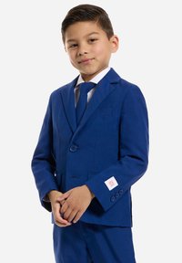 Blauw pakset voor kinderen, bestaande uit een enkelvoudig blazer met twee knopen, notch revers en bijpassende broek. Glad, goed gesneden stof.