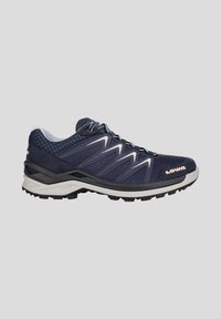 Scarpa da trekking navy con tomaia in mesh, suola in gomma e accenti grigi. Presenta sovrapposizioni a zigzag e un sistema di lacci per una vestibilità sicura.