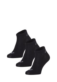 Schwarze Knöchelsocken, drei Paare, aus einem glatten Stoff mit einem gerippten Bündchen und einem Logodetail an der Seite. Nahtloses Zehen-Design.