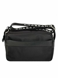 Borsa a tracolla sintetica nera con texture liscia, dotata di una tasca frontale con zip e di una tracolla ampia con lettering "CHABRAND". Accessori in metallo argentato.