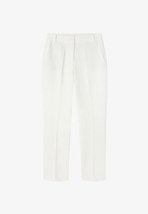 Witte op maat gemaakte broeken met een rechte pasvorm, voorzien van een knoopsluiting, zijzakken en een soepele stof. Geen patronen of versieringen.