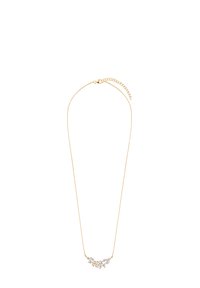 Złota naszyjnica o wzorze łańcuszka, z grupą przezroczystych syntetycznych kamieni szlachetnych w kwiatowym układzie. Zawiera regulowane zapięcie.