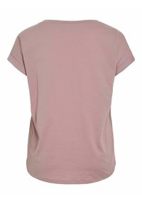 T-shirt à manches courtes et col rond en tissu rose doux. Il présente une coupe décontractée et une texture lisse sans logos ni motifs visibles.