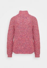 Pull-over en maille avec col montant. Fil multicolore rouge et rose, motif texturé, manches longues et poignets côtelés.