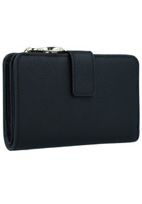 Billetera de cuero negro con un acabado texturizado, forma rectangular, cierre magnético y detalles en metal color plata.