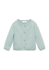 Cardigan lavorato a maglia di un azzurro chiaro con maniche lunghe, scollo tondo e bottoni in legno. Presenta un tessuto strutturato e un design dal taglio rilassato.